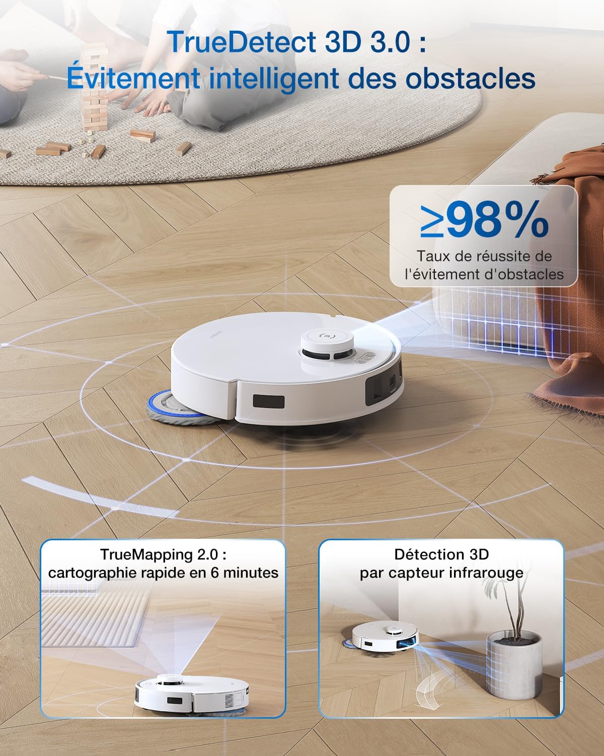 ECOVACS DEEBOT T30C Pro Omni Robot Aspirateur Laveur avec Station Omni, 12800Pa Aspiration, Brosse ZeroTangle 2.0, Nettoyage TruEdge, Auto-Vidange, Séchage 45°C, 200min Autonomie, Assistant YIKO