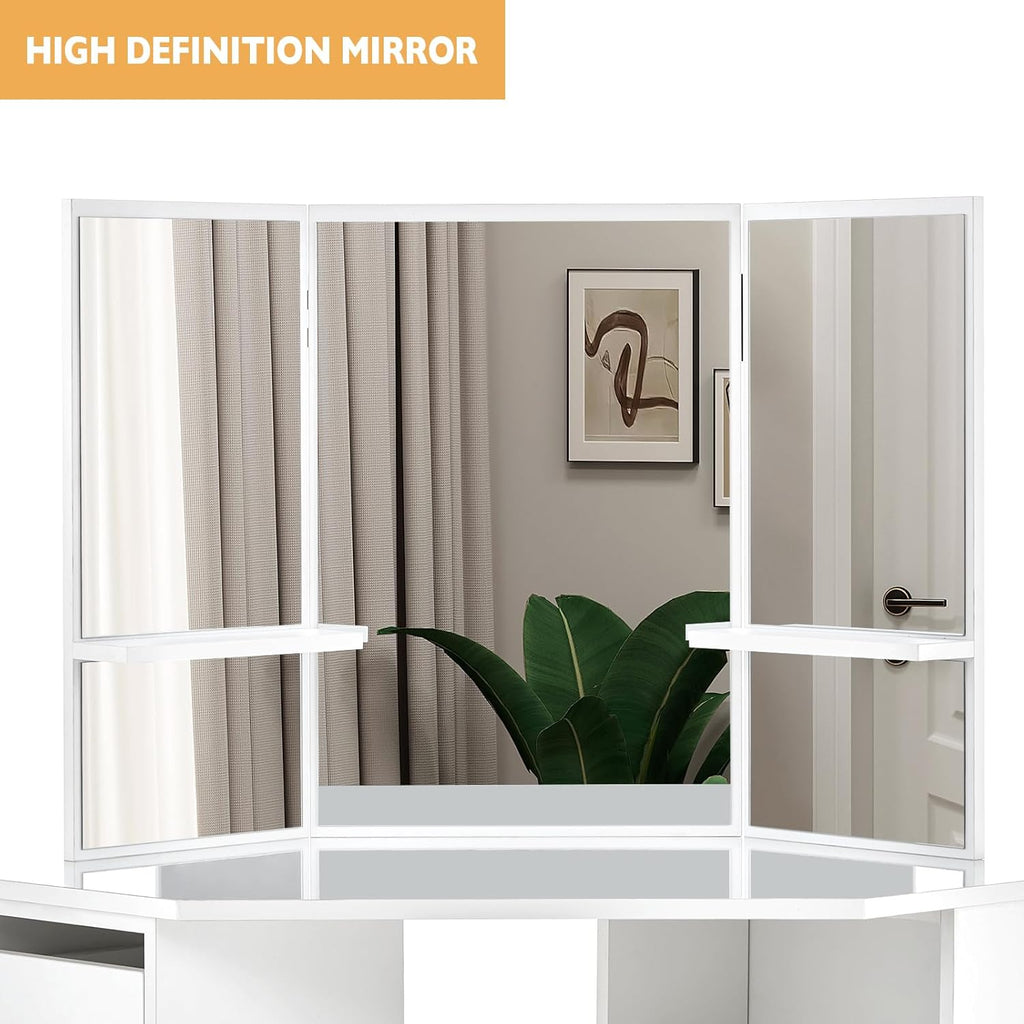 CLIPOP Coiffeuse avec Miroir LED à Luminosité Réglable et 5 Tiroirs Rangement Table de Maquillage Blanche Coiffeuse d'angle avec Tabouret Couffeuse en Bois 114 x 61 x 140 cm