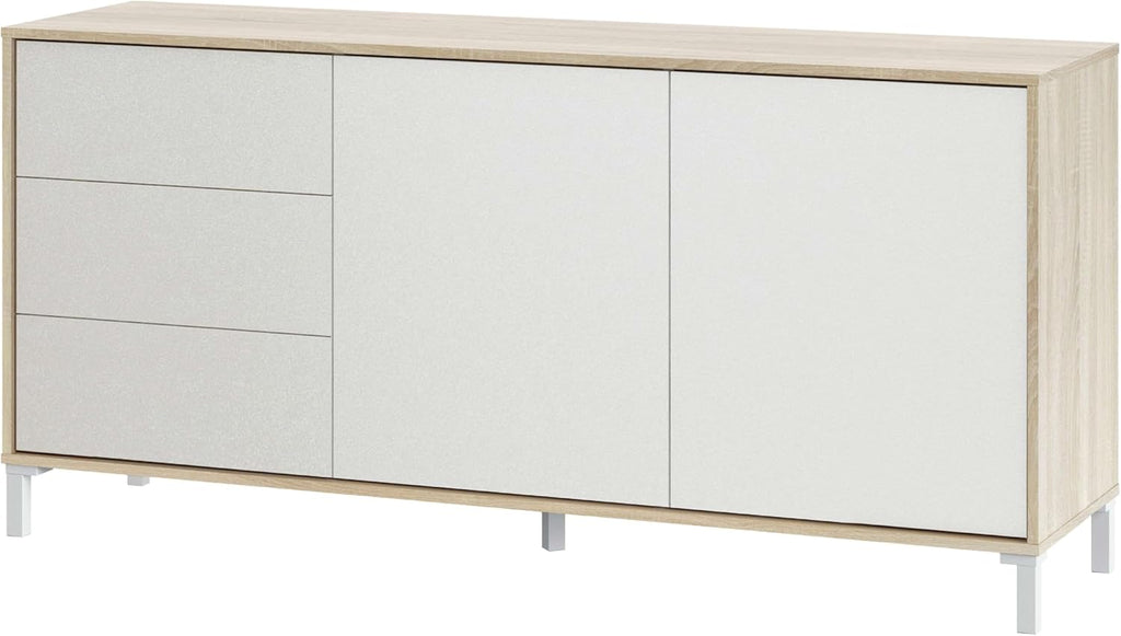 Habitdesign Modèle Brooklyn Buffet 2 portes + 3 tiroirs Finition chêne canadien et Blanc Artik , dimensions : 74 x 154 x 41 cm H x l x P .
