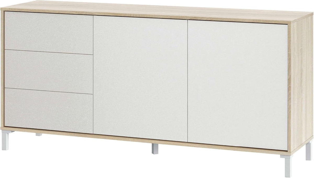 Habitdesign Modèle Brooklyn Buffet 2 portes + 3 tiroirs Finition chêne canadien et Blanc Artik , dimensions : 74 x 154 x 41 cm H x l x P .