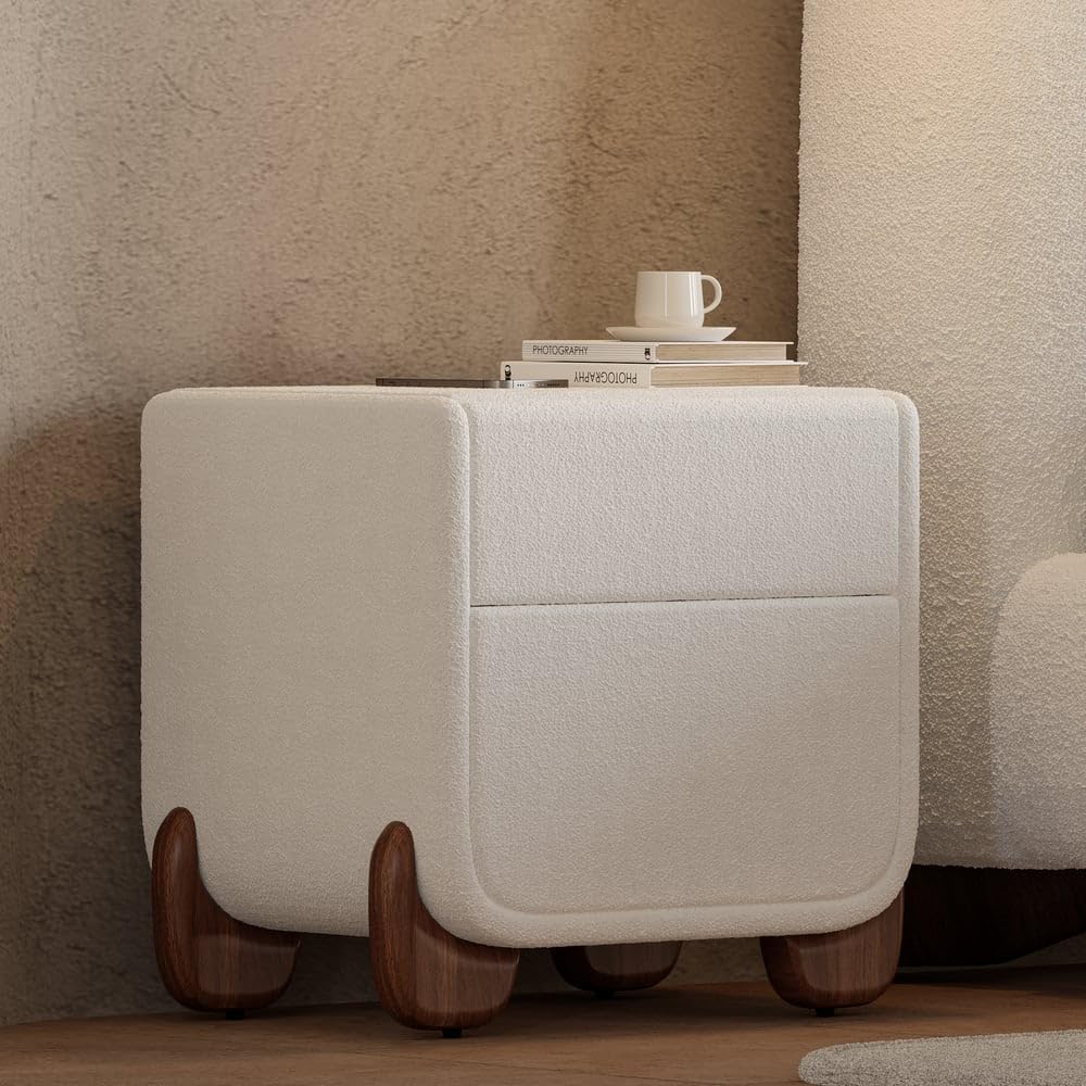 Homary Table de Chevet LED Smart Blanc Bouclé 2 Tiroirs, Recharge sans Fil/Filaire, Pieds Noisetier, Petit Meuble Rangement pour Chambre Adulte