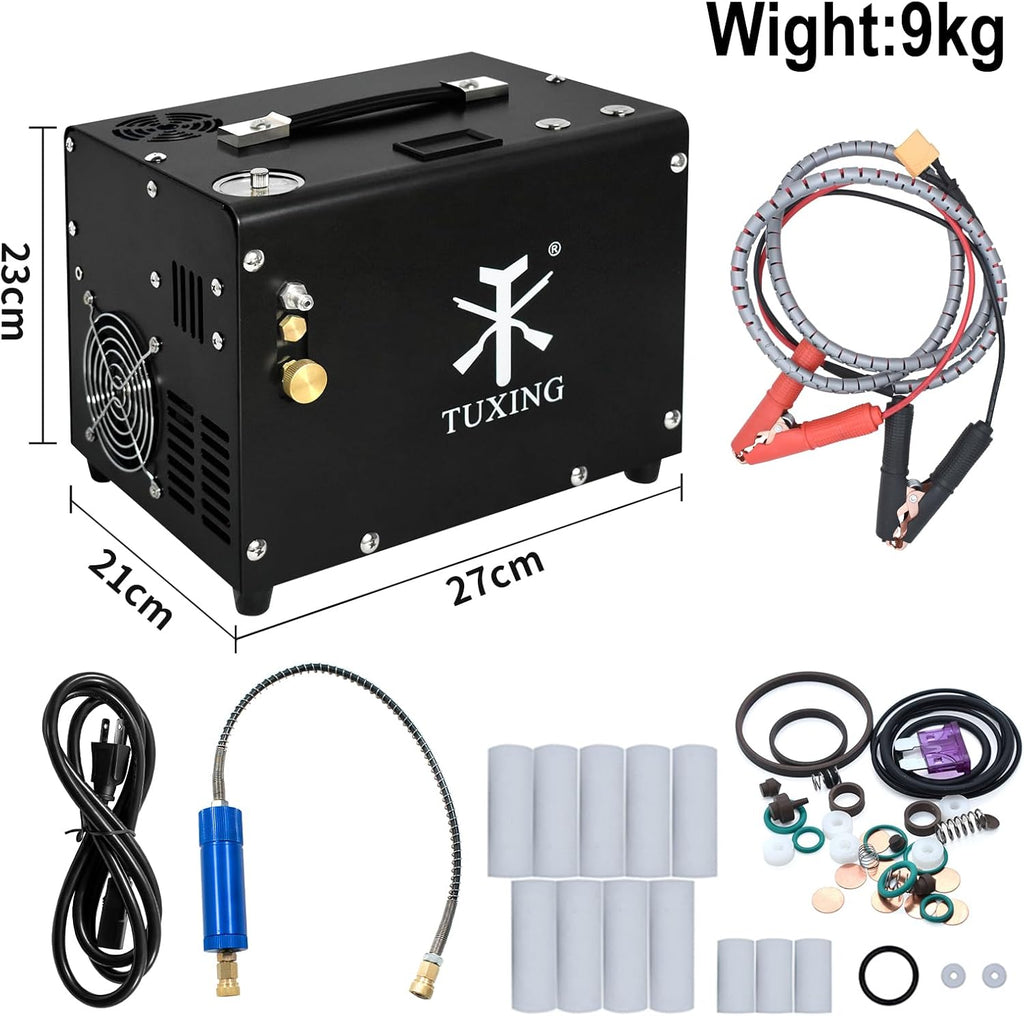 TUXING Compresseur d'air PCP 4500 psi/30 Mpa, arrêt automatique, pistolet et pompe de paintball avec séparateur eau/huile, alimentation intégrée (220 V AC ou batterie)