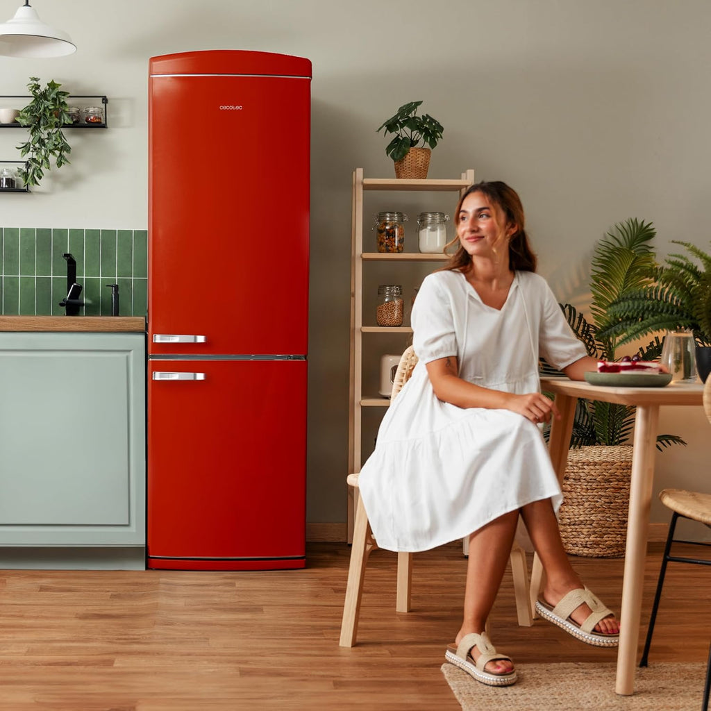 Cecotec Refrigerateur Congelateur Combiné Bolero CoolMarket Combi Origin 250 NF Red E. Réfrigérateur 250L, rouge rétro, No Frost, Multi Air Flow, Fast Cooling, classe E
