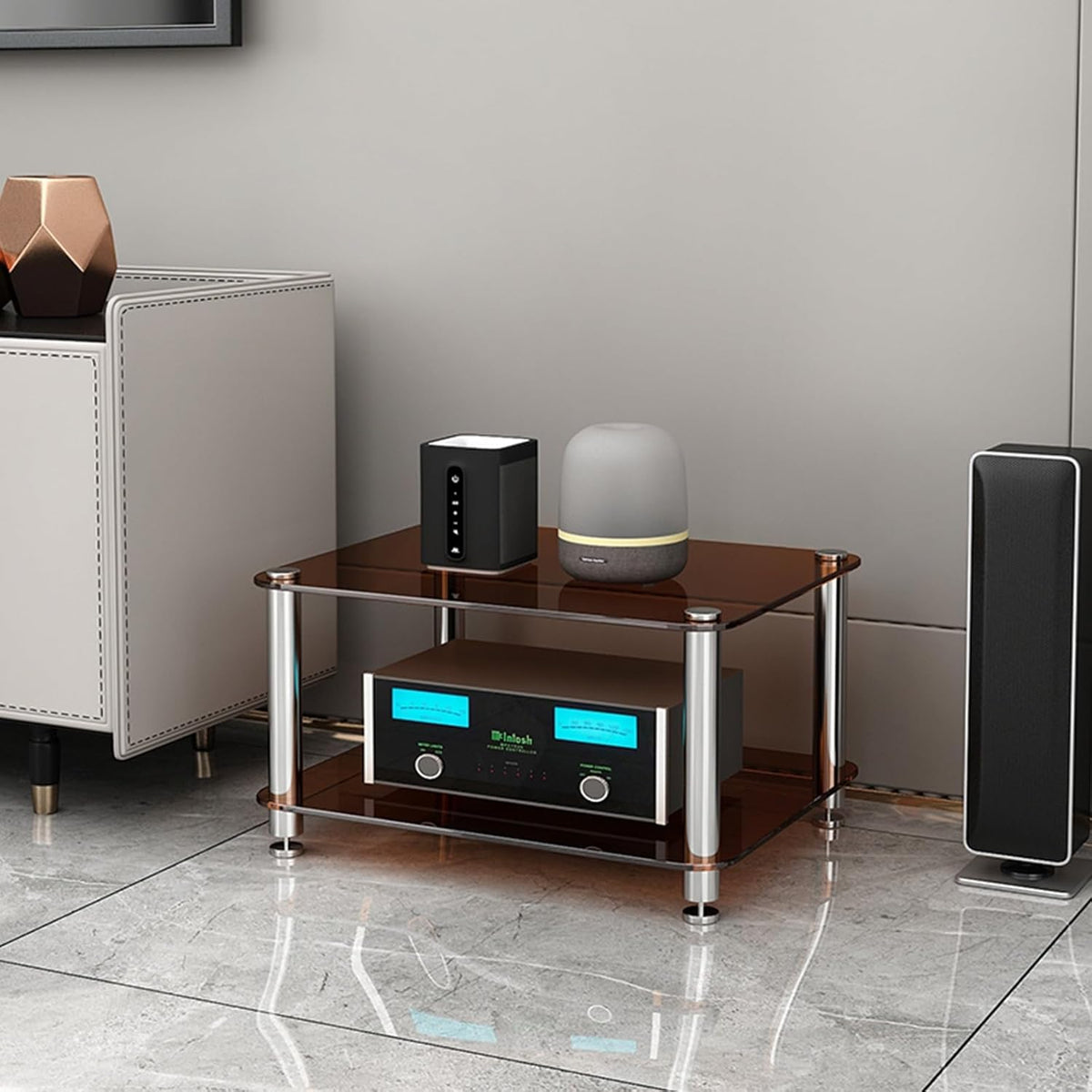 Meuble TV d'angle - Meuble de rangement pour équipement audio, petit meuble multimédia pour chaîne hi-fi et home cinéma, support multimédia pour appareils électroniques, meuble TV avec étagè