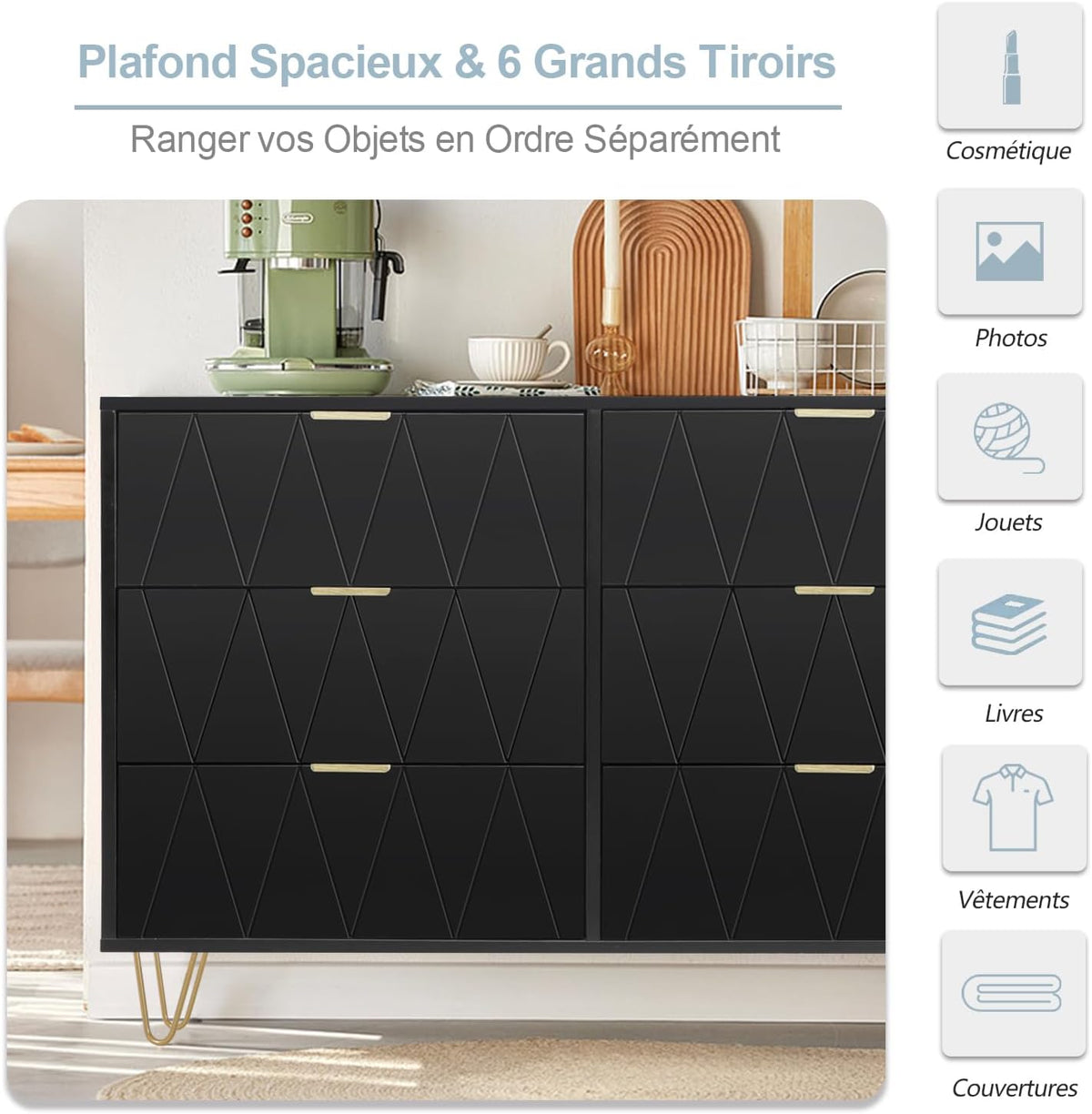 UEV Commode, Armoire avec 6 Tiroirs, Meuble de Rangement Chambre Enfant/Adulte, 100 x 34 x 73cm, Buffet Salon, Style Scandinave Elégant, Couleur Noir