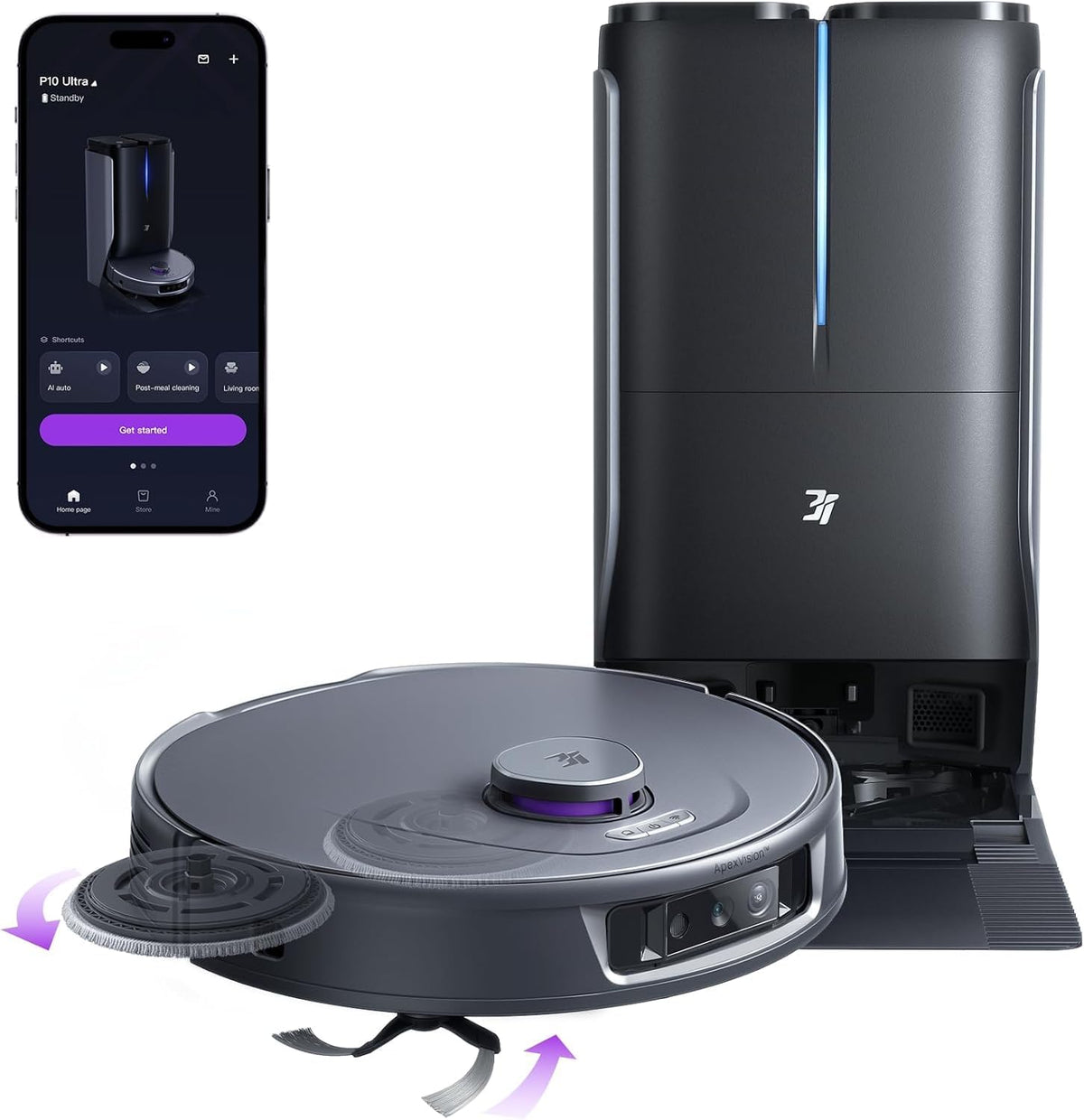 3i P10 Ultra Robot Aspirateur Laveur avec Serpillière Extensible, 18 000 Pa Aspirateur Robot, Lavage & Séchage à l’Eau Chaude, Auto Vidange & Remplissage, Evitement des Obstacles par IA