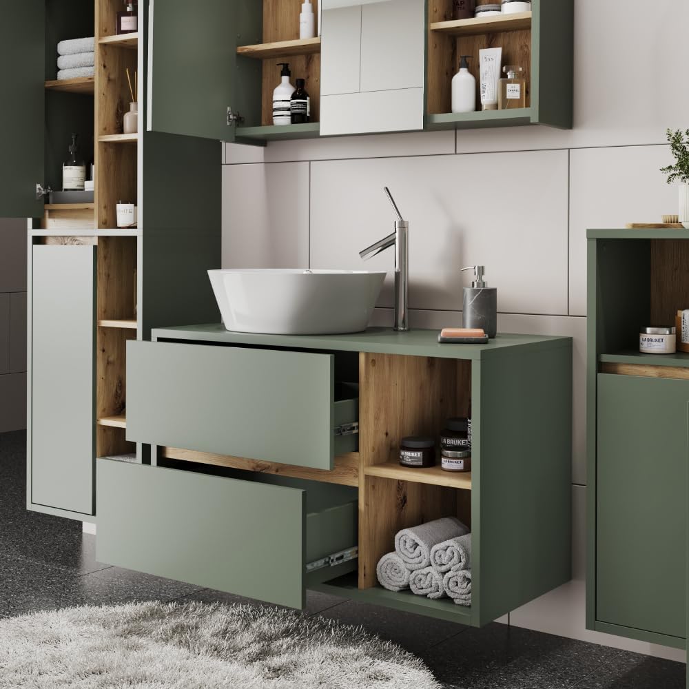 Vicco Meuble sous lavabo Viola, Vert/Artisan, 100x60cm avec 2 tiroirs