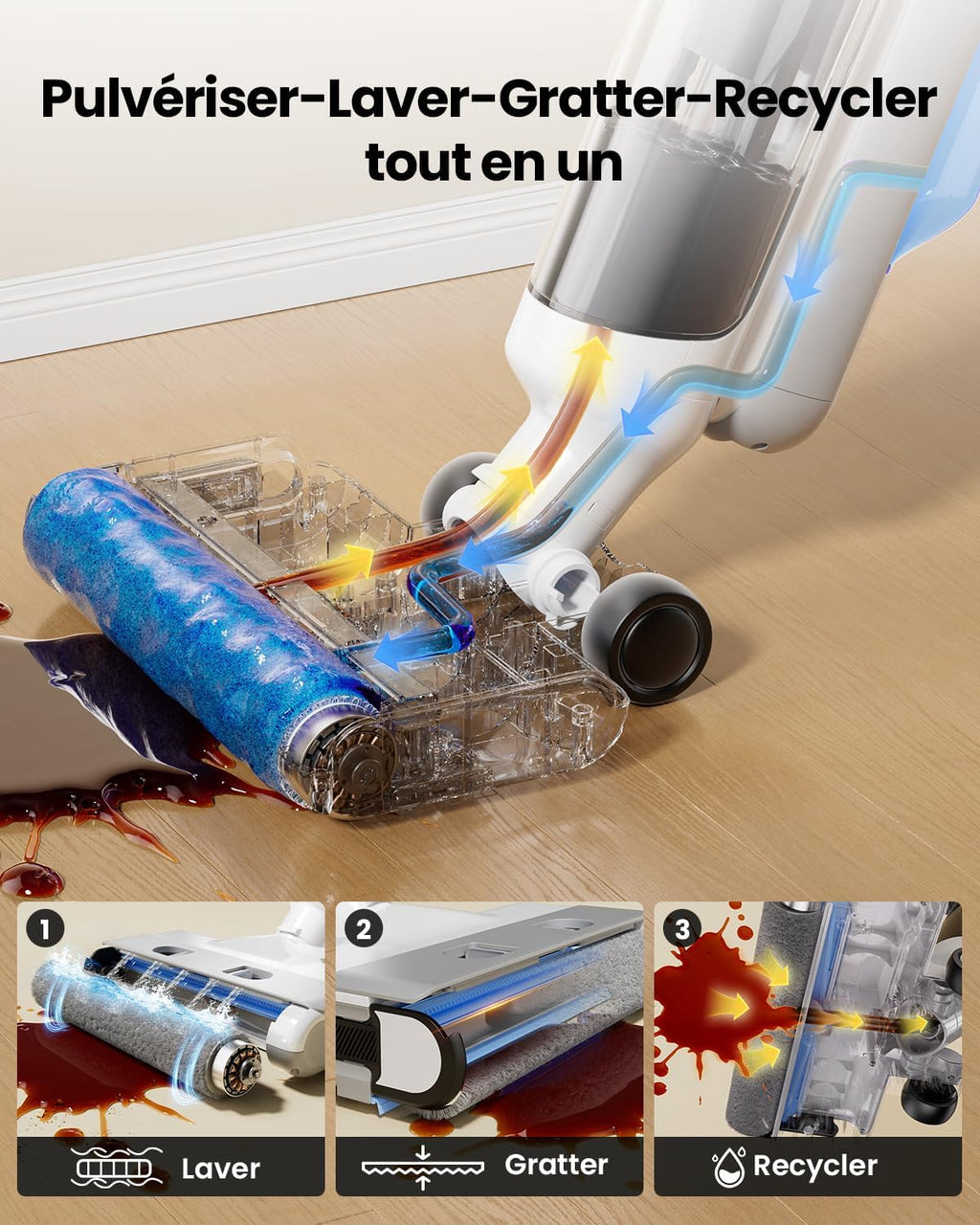 Proscenic F10 Ultra Aspirateur Laveur sans Fil, Nettoyeur de Sol, 60 Mins Aspirateur Balai sans Fil Humide et Sec, Léger Aspirateur Eau et Poussière,1.3L,Autonettoyant,Nettoyage dans Les Angles,Bords