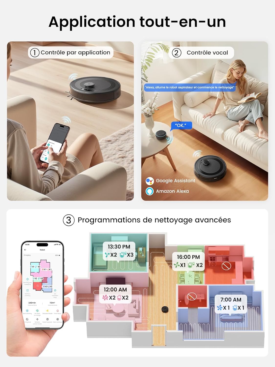 Lefant M2 Pro Robot Aspirateur Laveur 6000Pa avec Station Vidage Automatique Poussière,Navigation Laser avec Cartographie,Nettoyage Personnalisé, Évitement d'obstacles PSD, Idéal pour Poils d'animaux