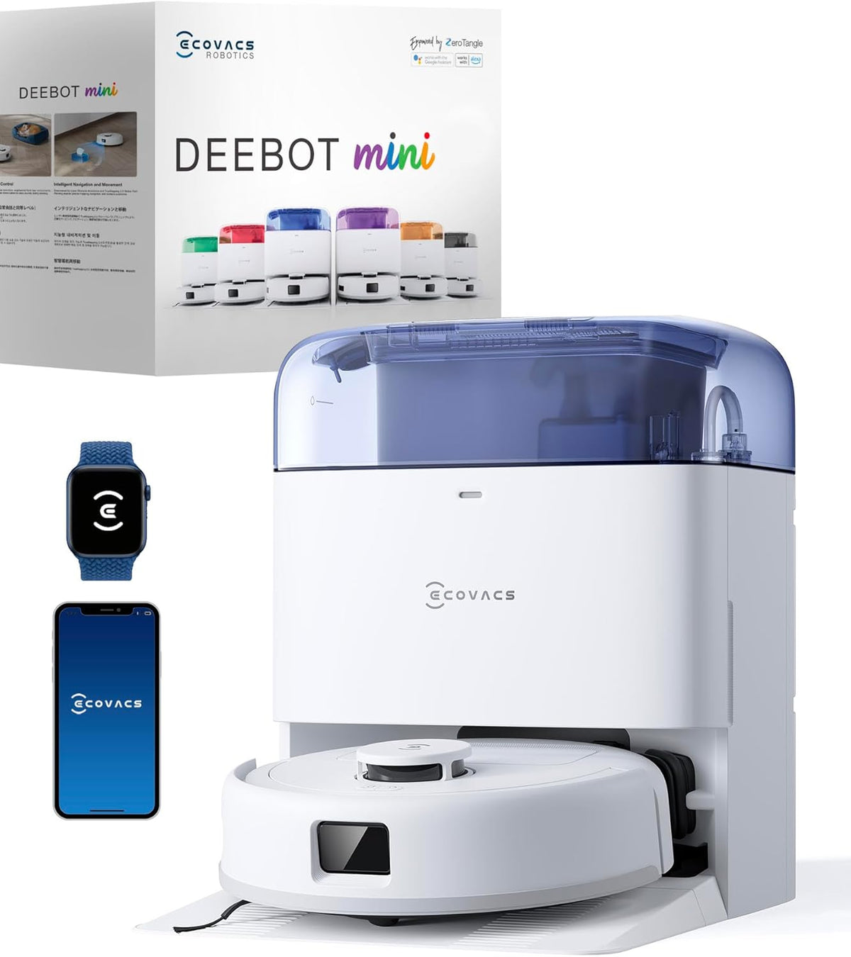 ECOVACS DEEBOT Mini Aspirateur Robot, Aspiration 9 000 Pa, ZeroTangle 2.0, TrueMapping 2.0, séchage à 45 ℃, vidage Auto, Lavage Intelligent en Profondeur, Nettoyage Auto en Un clic, Bleu