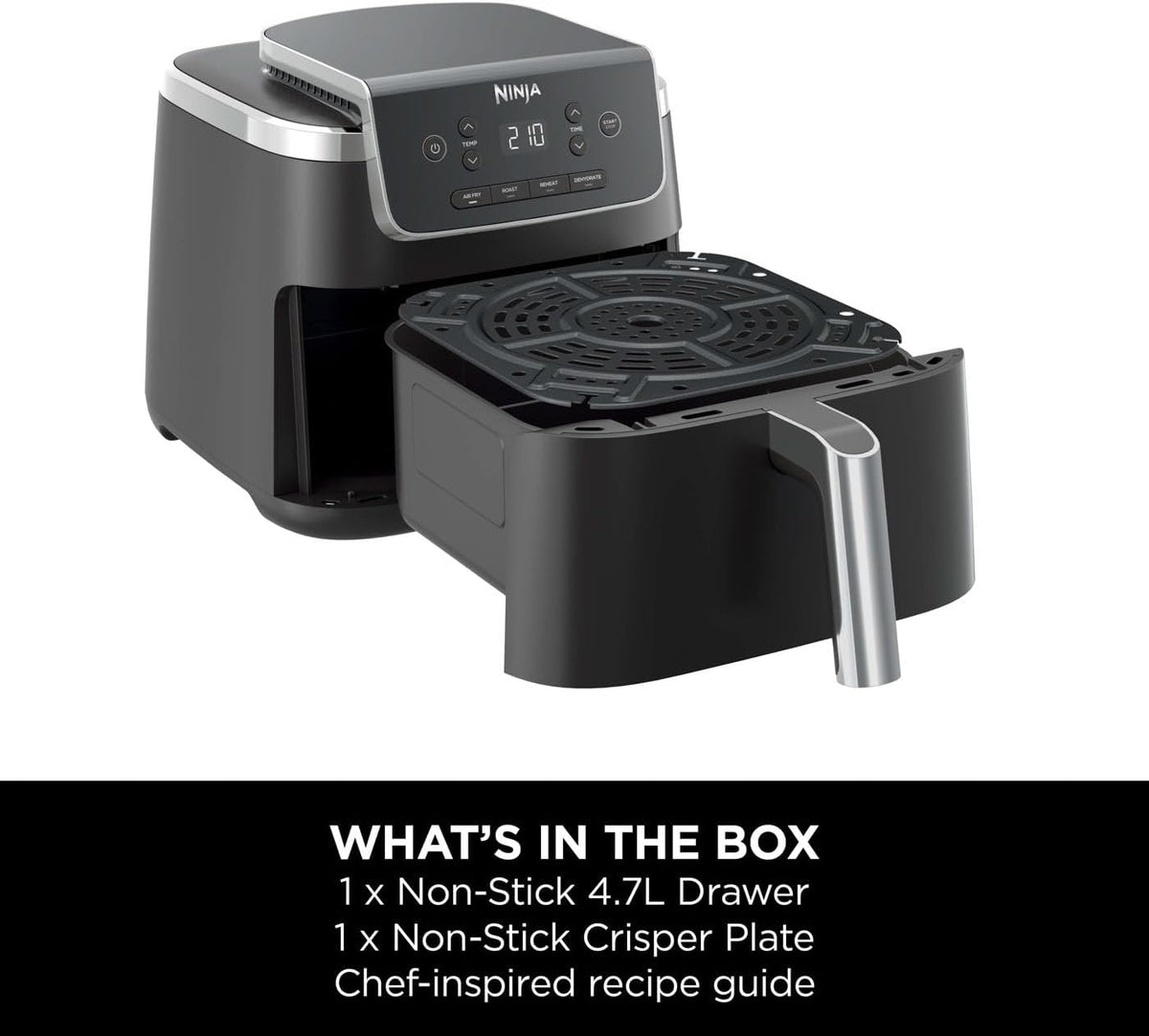 Ninja PRO 4.7L Friteuse à air 4 en 1, tiroir simple, friture à l'air, cuisson rôtie, chauffage, séchage, composants antiadhésifs lavables au lave-vaisselle, noir, AF140EU