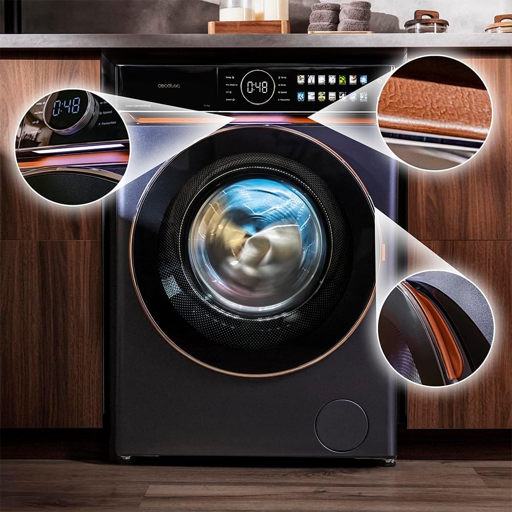Cecotec Lave-linge 10Kg Frontal Bolero DressCode 10980 Direct Drive Blue A. 1400RPM, Moteur Direct Drive, Basse Consommation, Écran FullColor, Finitions Imitation Cuir, Porte XXL, Lumière UV et Vapeur