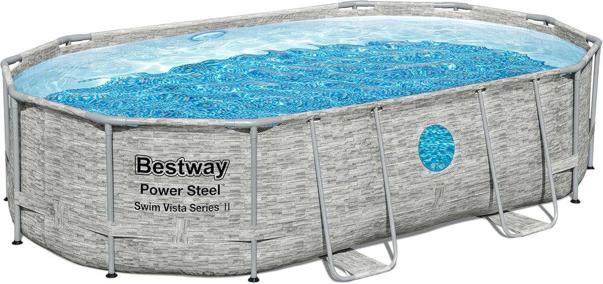 Bestway Power Steel Swim Vista Series Pool Kit Complet Ovale avec Filtre à Sable, échelle de sécurité et bâche 488 x 305 x 107 cm