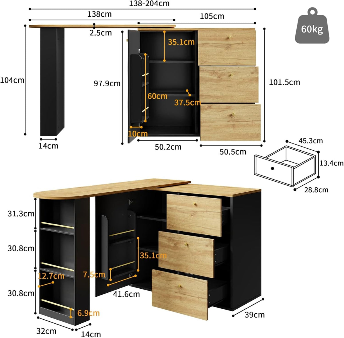 KOMHTOM Table de Bar Extensible avec Espace de Rangement(138-204 x 39 x 104 cm), Table à Manger Pivotante à 360°, 3 Tiroirs et étagères latérales
