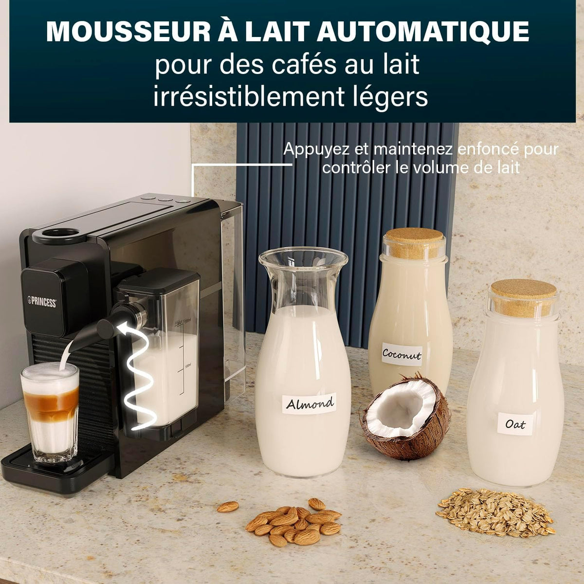 Princess Capsule and Latte Pro Machine à Café à Capsules, Compatible Nespresso, Lait Automatique, 20 Bars, 1400W, Sans BPA, Pièces Lavables, Arrêt Automatique, 01.249455.01.001