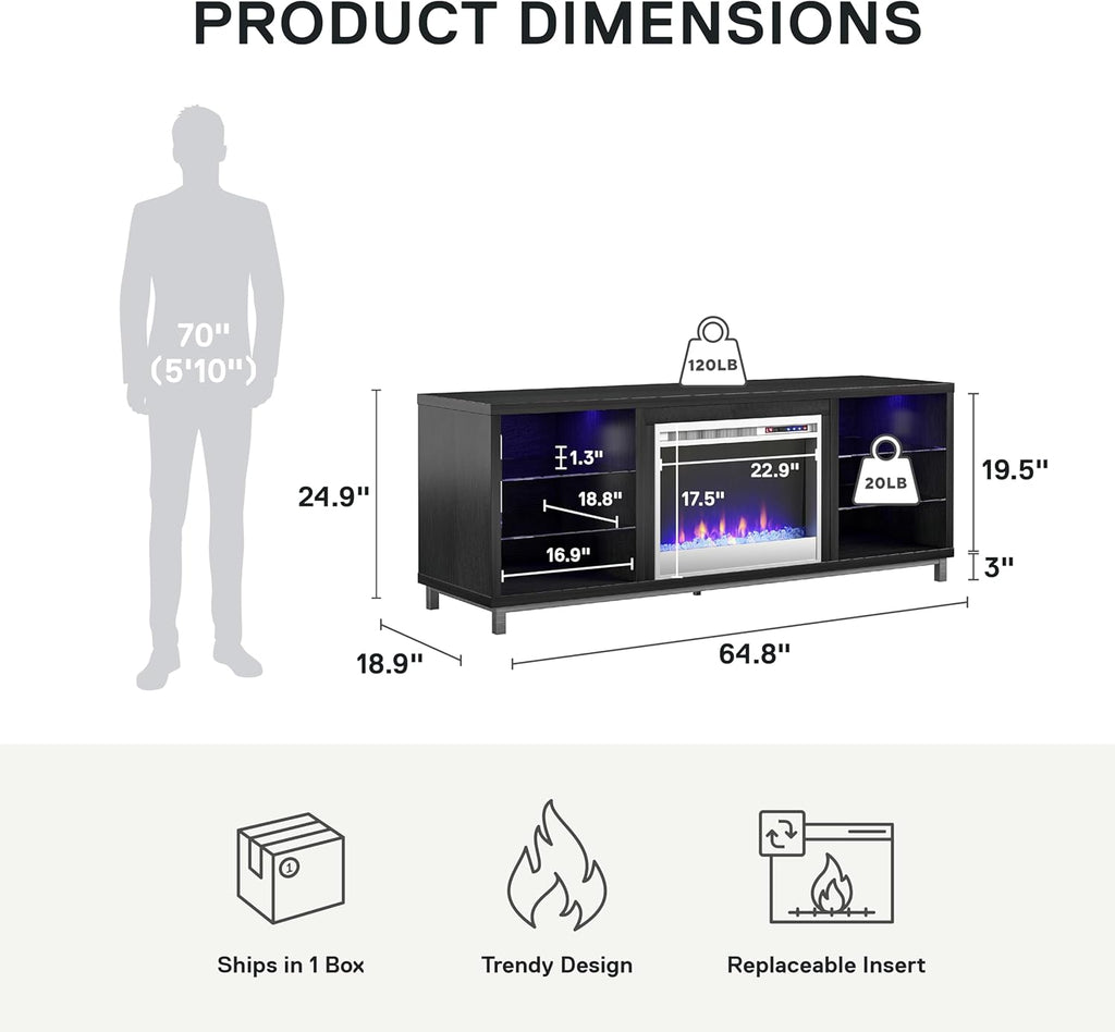 Ameriwood Home Meuble TV avec cheminée Lumina, chêne Noir, pouvant accueillir des téléviseurs jusqu'à 70 Pouces, Meuble multimédia Moderne avec éclairage LED RGB