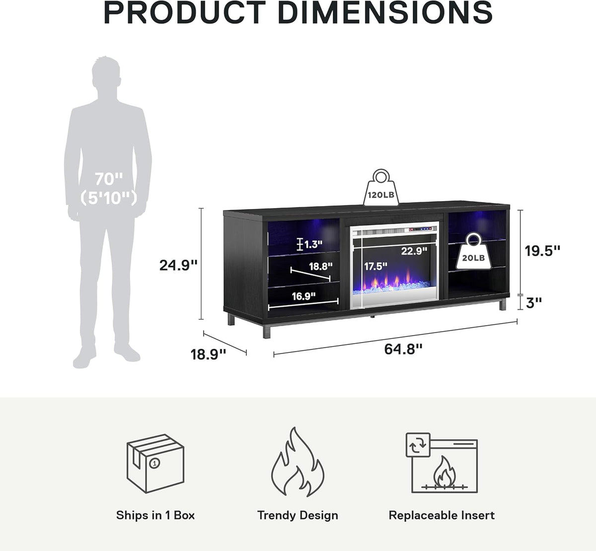 Ameriwood Home Meuble TV avec cheminée Lumina, chêne Noir, pouvant accueillir des téléviseurs jusqu'à 70 Pouces, Meuble multimédia Moderne avec éclairage LED RGB