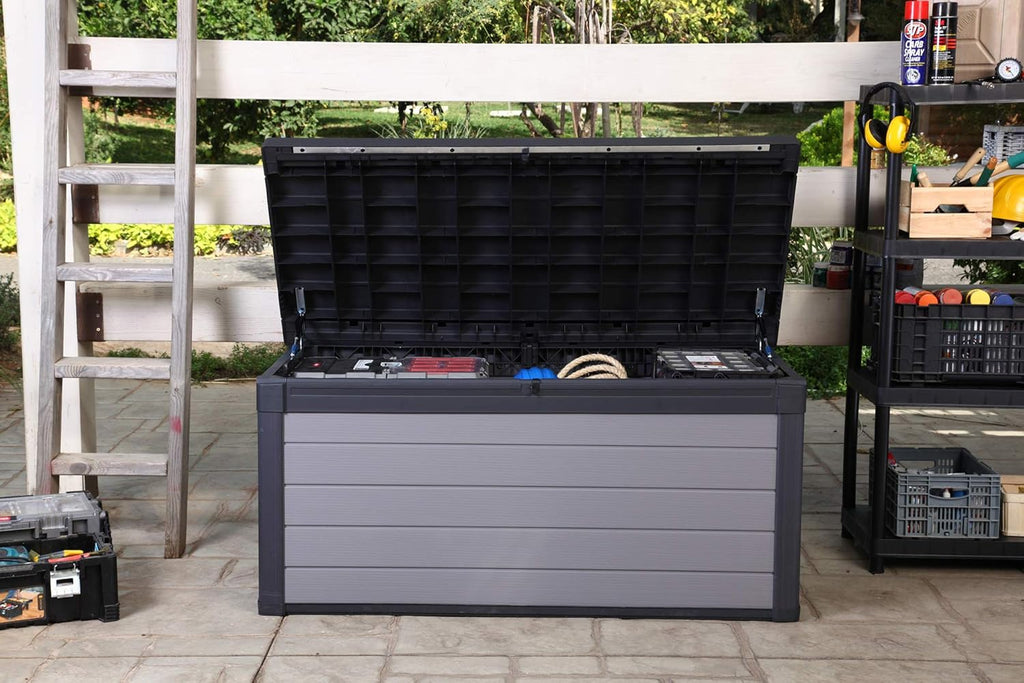 Ondis24 Keter Coffre de jardin XXL étanche (570 litres), boîte de rangement extérieur, coffre de rangement, coffre à coussins, banc