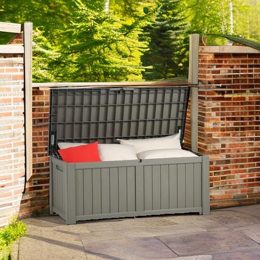 YITAHOME Coffre de Rangement Extérieure de 450L, Grand Rangement de Terrasse en résine Pour oreiller Extérieur, Outils de Jardin et Fournitures de Piscine, étanche, Verrouillable, Marron Clair