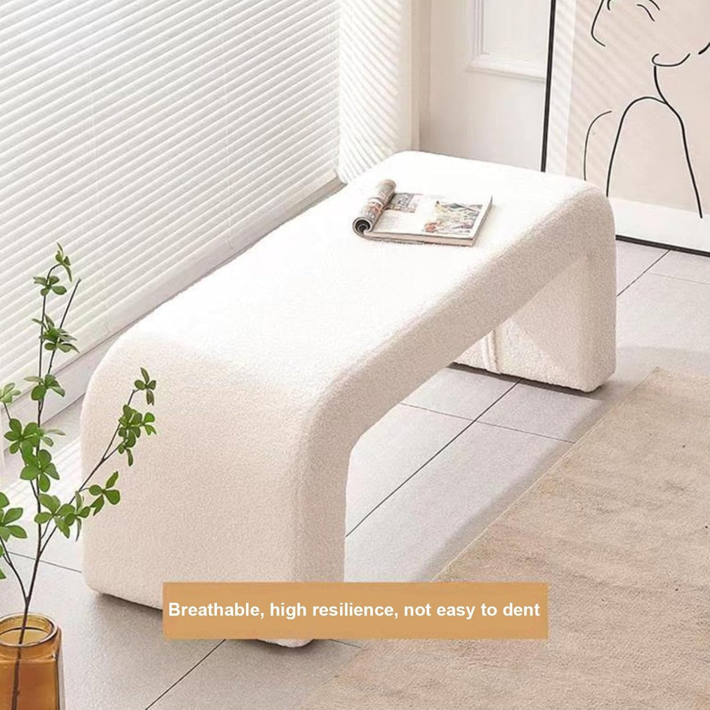 Banc ottoman rembourré en sherpa pelucheux moderne blanc crème pour chambre à coucher, salon, entrée, petit banc élégant pour bout de lit, coiffeuse et décoration d'intérieur