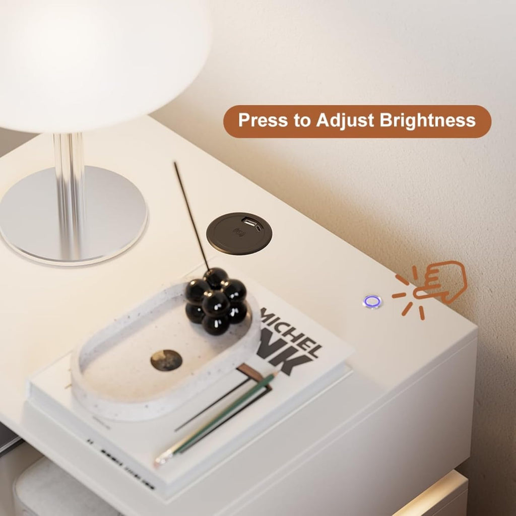 Homary Table de Chevet Intelligente LED Blanc à 3 Tiroirs – Table de Nuit avec Recharge sans Fil & Éclairage Réglable, Design Moderne pour Chambre Adulte (Blanc, 3 Tiroirs)