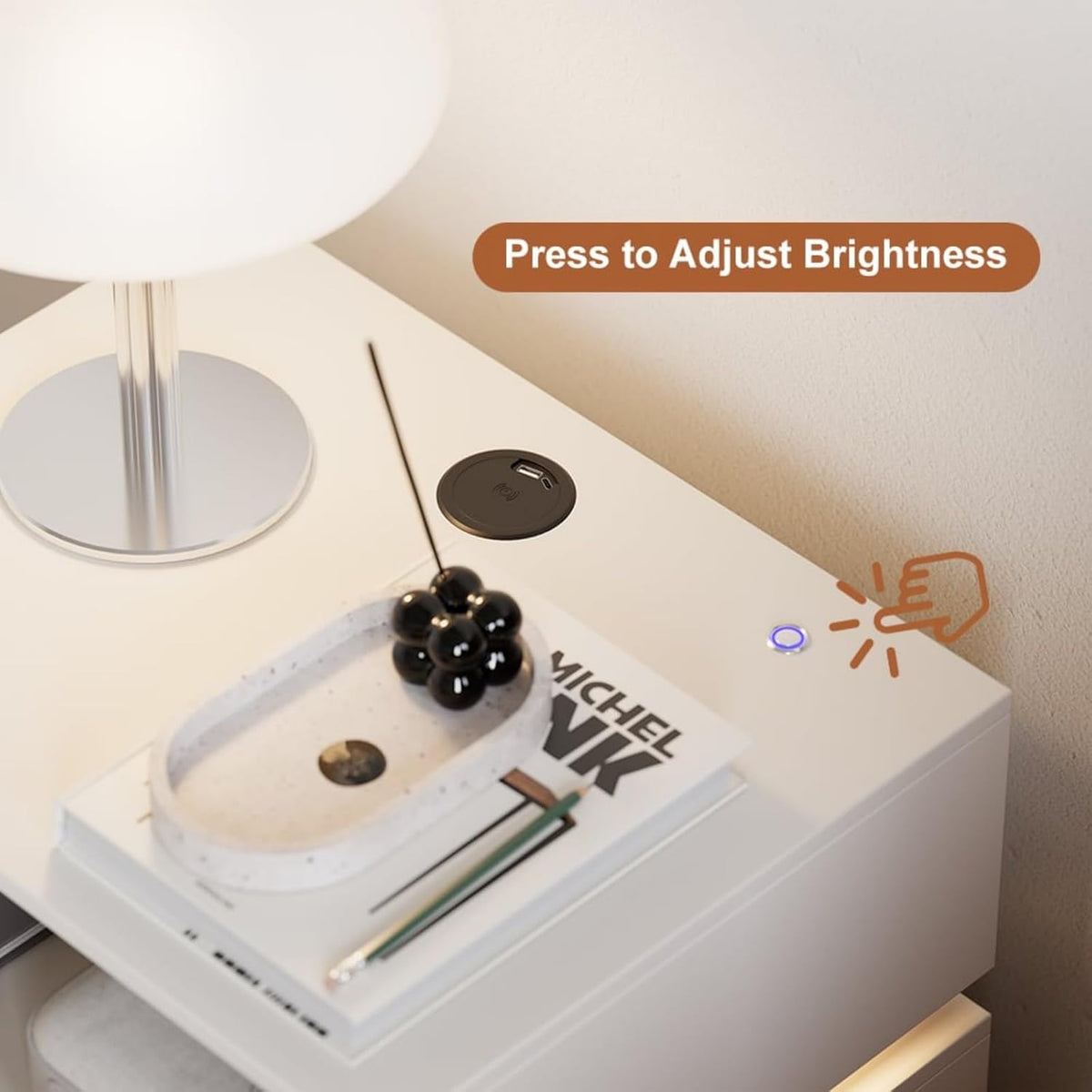 Homary Table de Chevet Intelligente LED Blanc à 3 Tiroirs – Table de Nuit avec Recharge sans Fil & Éclairage Réglable, Design Moderne pour Chambre Adulte (Blanc, 3 Tiroirs)