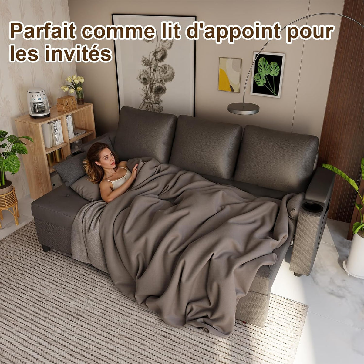 Devoko Canapé d'angle Convertible Modulaire 3 Places en L - Canapé-Lit avec Chaise Longue, Rangement Intégré et Porte-Gobelets - Design Moderne pour Salon, Anthracite (Gris)
