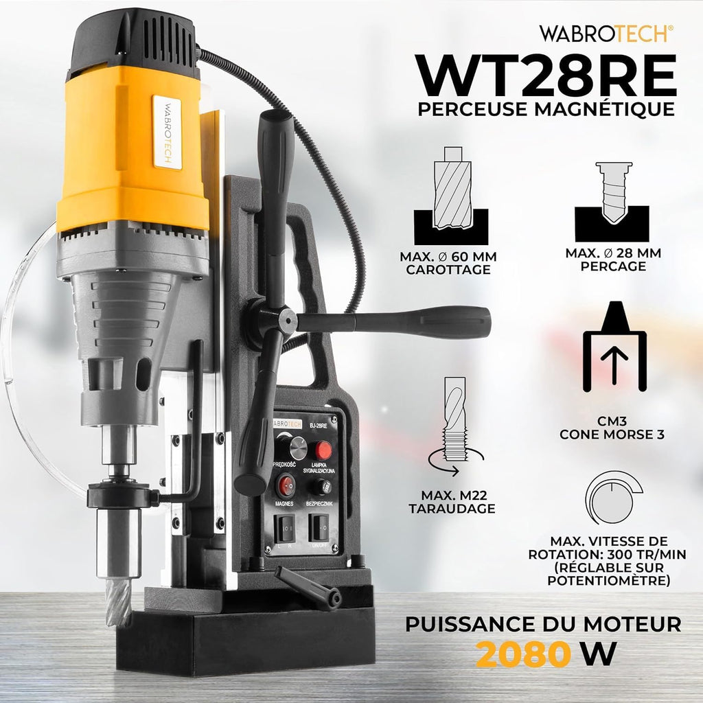 Perceuse Magnétique Carotteuse Fraiseuse Colonne Électro-Aimant WT28RE, FI 60 MM SET 3 2.080 W, 300 tr/min, diamètre Carottage max. 60 mm,diamètre Diamètre de perçage plein : 28mm +