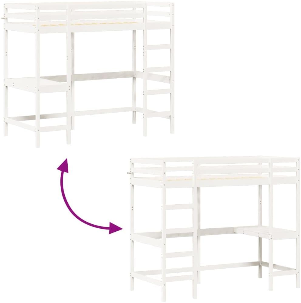 vidaXL Lit Superposé avec Bureau, Lit Mezzanine avec Sommier à Lattes pour Enfant, Meuble de Chambre, Moderne, Blanc 90x200 cm Bois de Pin Massif