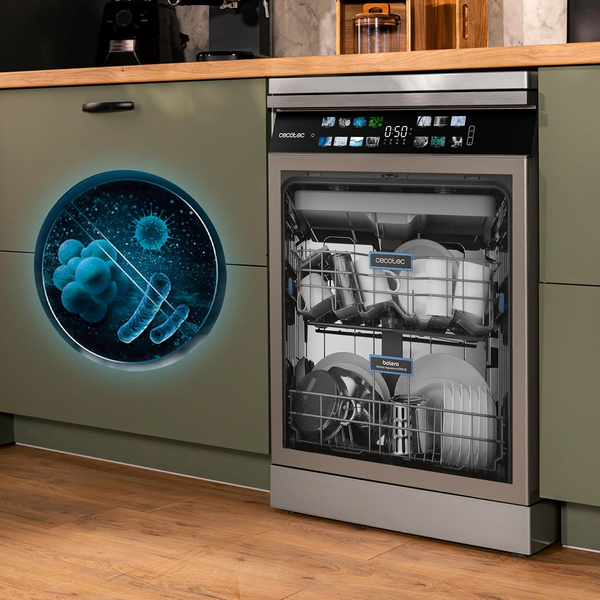Cecotec Lave-vaisselle 60cm Bolero Aguazero 6700 Inox B Lave-vaisselle inox, 15 couverts, Classe B, Moteur Inverter Plus, O2 Dry, Lavage Double Zone, Plateau Ajustable, Stockage Long et Turbo Dry+.