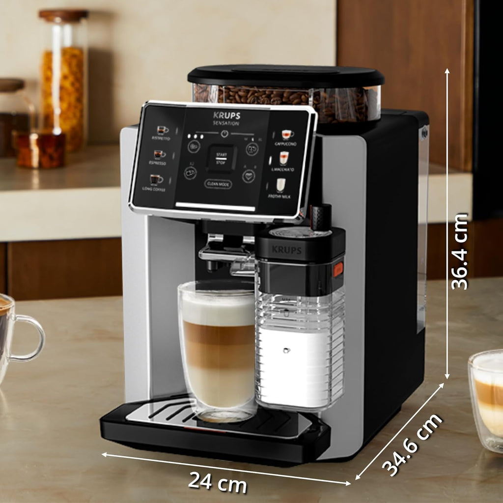 Krups Sensation Lait, Machine à café grains, machine expresso, 6 boissons, Carafe à lait, Cappuccino, Interface tactile, Nettoyage automatique, Silver, EA912E10