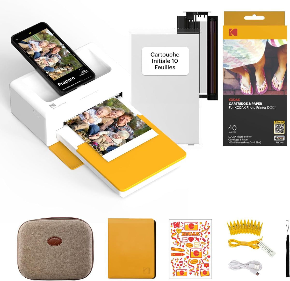 Kodak Dock Plus 4Pass Imprimante Photo (10x15cm) + Pack d'accessoires avec 90 Papier Photo (10 Feuilles Initiales + Paquet de 80 Feuilles)