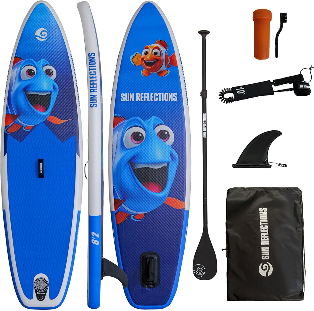 Sun Reflections Kids Planche de SUP gonflable pour enfants de 250 cm, kit complet avec pagaie réglable, laisse de sécurité, sac de transport et aileron | antidérapant