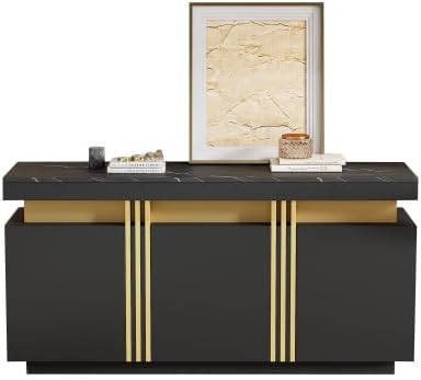 muenfly Buffet moderne avec 3 portes et plan de travail marbré, meuble TV de 140 cm avec tiroirs et compartiments réglables, polyvalent comme armoire de couloir ou commode pour le salon