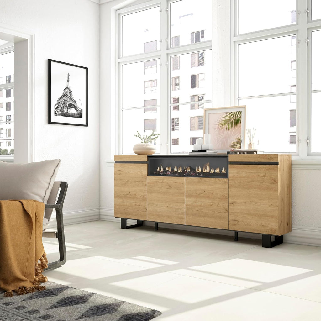 Skraut Home | Buffet Salon et Cuisine | Meuble de Rangement, Commode | 200x87x35cm | 4 Portes | Cheminée électrique | Design Industriel | Style Moderne | Chêne et Noir