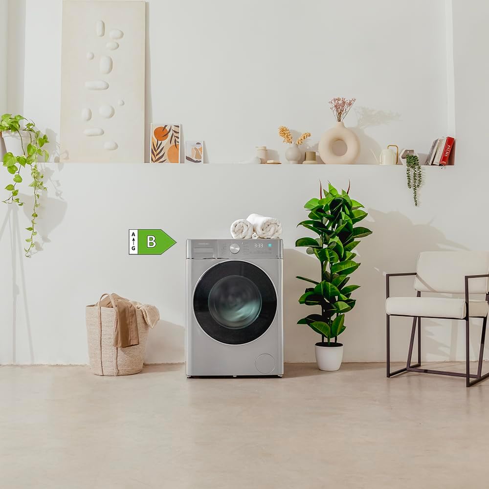 Cecotec Lave-linge Séchant 8-5Kg Bolero Wash&Dry 8590 Inverter Steel 1400RPM, 16 Programmes, Inverter Plus, Lavage à la Vapeur, Lavage et Séchage Intelligents, Stérilisation, Joint Antibactérien