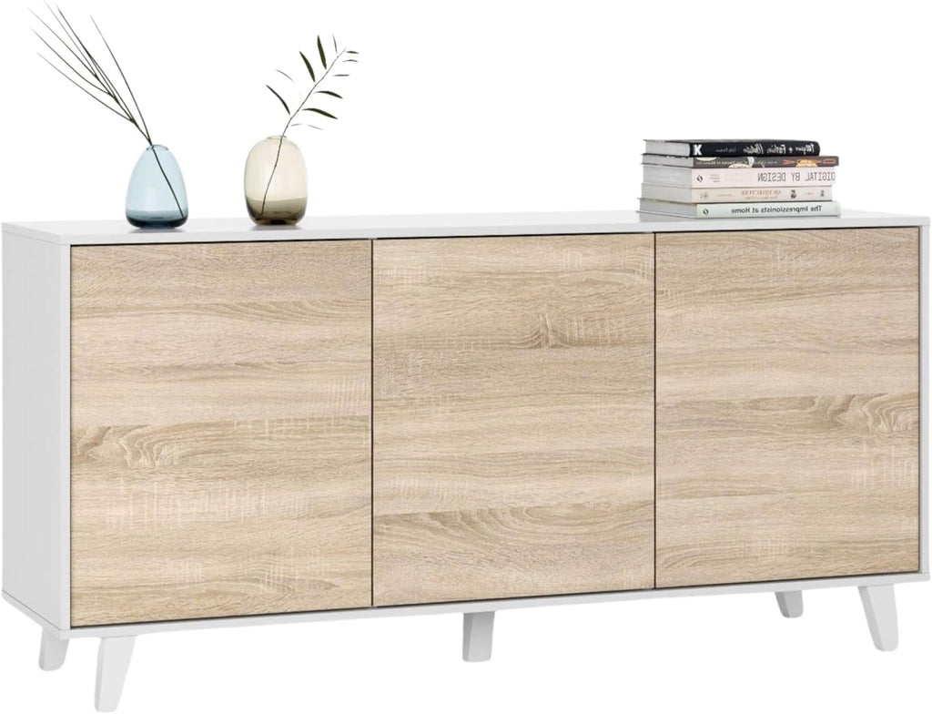 Habitdesign modèle Zaiken Plus Buffet, salon salle à manger 3 portes, blanc brillant et chêne canadien, dimensions : 154 x 75 x 41 cm (l x H x P).