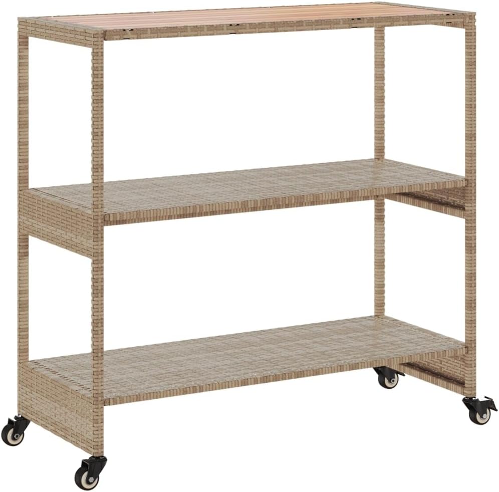 Tomostar Desserte de Jardin, Chariot de Bar Desserte Extérieur 3 Niveaux Beige rotin et Bois d'acacia Massif