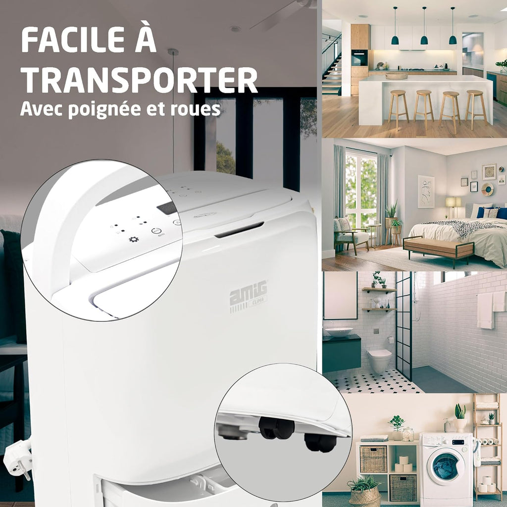Amig - Déshumidificateur MIST | Capacité 20L/Jour | Régulation de l'humidité et minuterie | Réservoir d'eau amovible 6,5L | 36x28x56 cm | 260W | Couverture 165m³/h | Silencieux 45 dB | Séchage linge