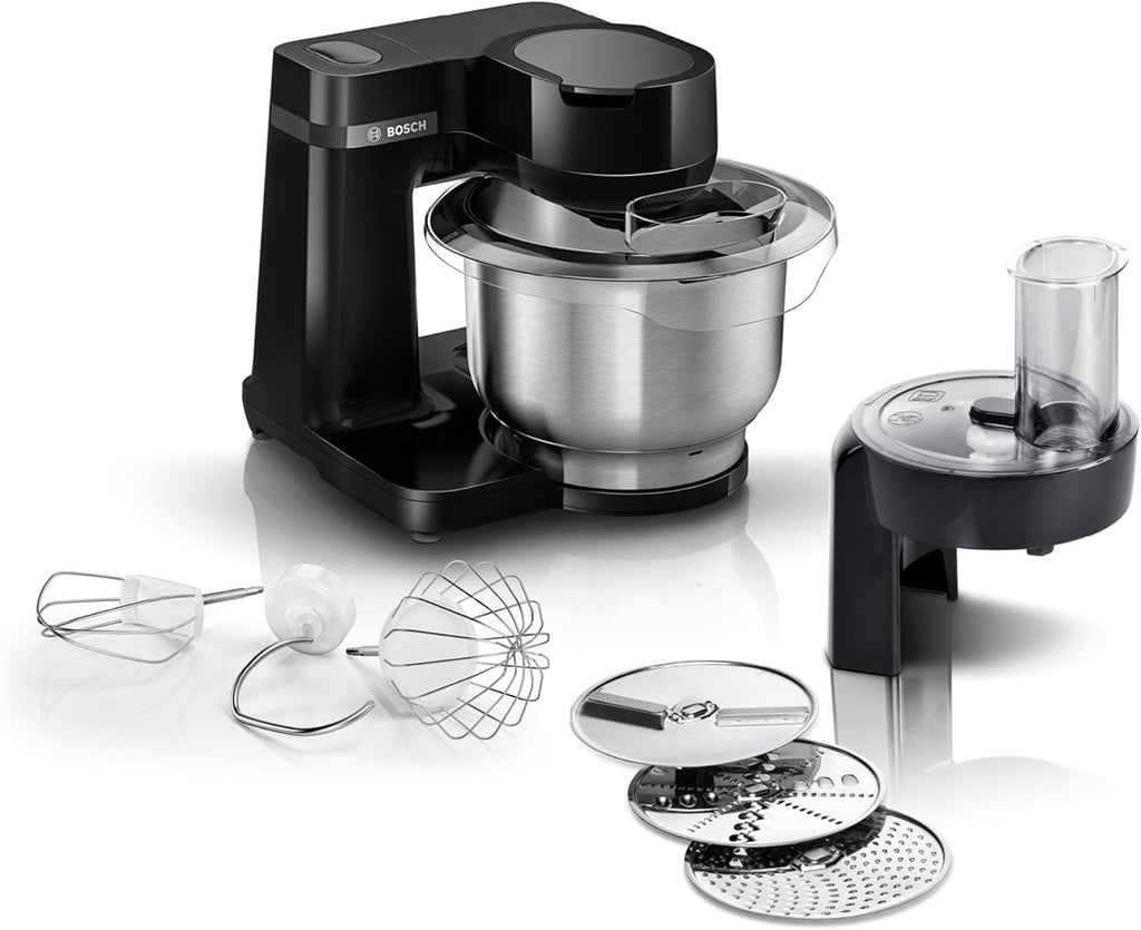 Bosch MUMS2EB01 Robot de cuisine MUM Serie 2, 700 W, bol en acier inoxydable 3,8 L, hachoir et 3 tranches, kit de pâtisserie en acier inoxydable, noir