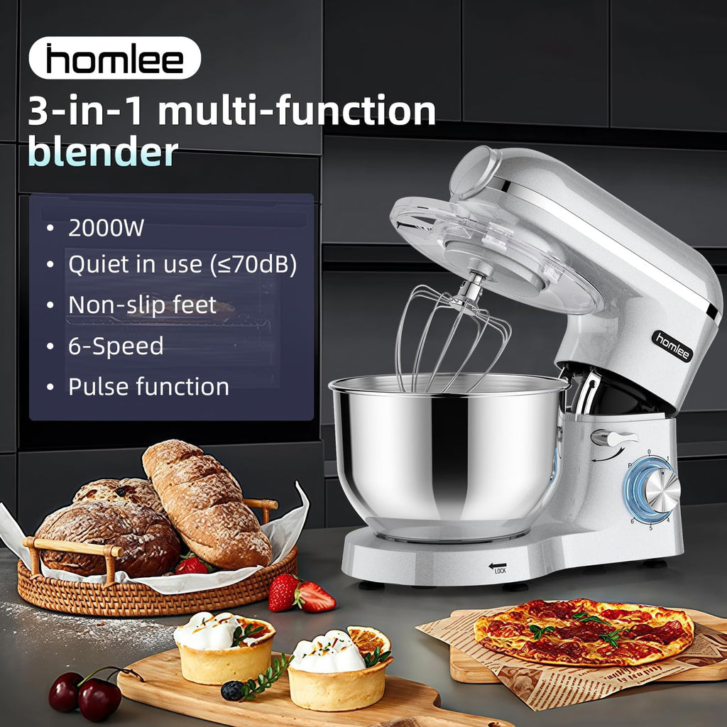 Homlee 3 en 1Robot Pâtissier 2000W Robot Patissier Multifonctions, avec Hachoir à Viande 1,5L Électrique de Jus,5.5L Bol Mélangeur,Fouet,Crochet Pétrisseur,Batteur