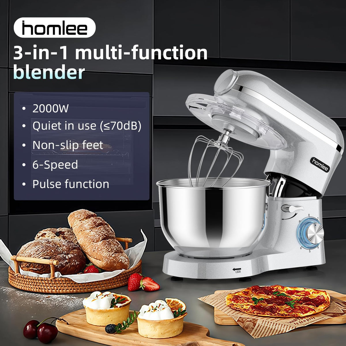 Homlee 3 en 1Robot Pâtissier 2000W Robot Patissier Multifonctions, avec Hachoir à Viande 1,5L Électrique de Jus,5.5L Bol Mélangeur,Fouet,Crochet Pétrisseur,Batteur