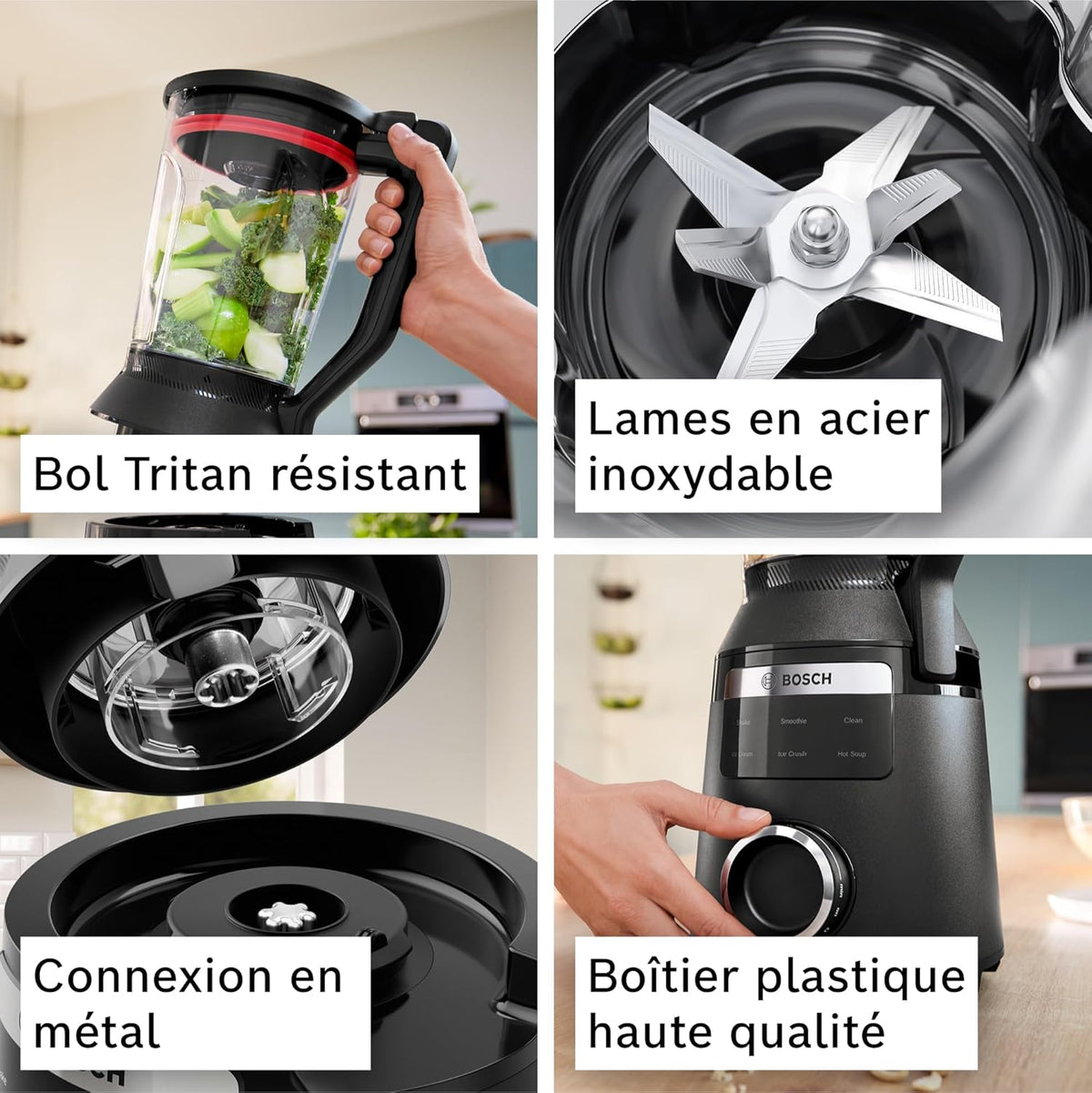 Bosch, VitaPower Série 6, blender haute performance, moteur 1800 watts, vitesse du moteur jusqu'à 45 000 tr/min, 6 programmes automatiques, bol résistant en tritan, noir, MMB6652B