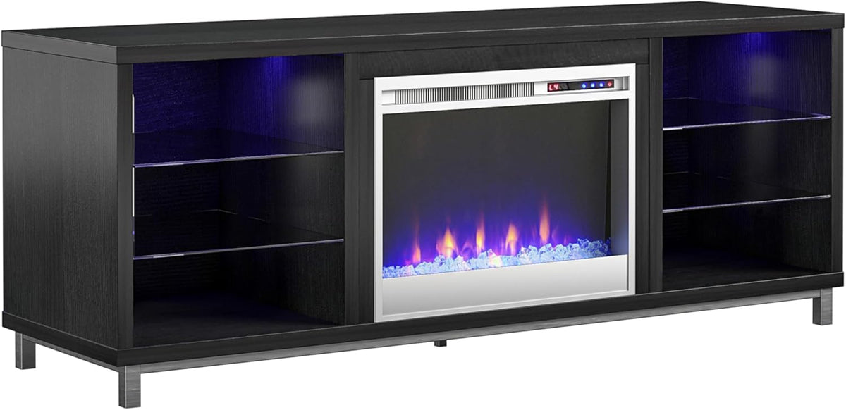 Ameriwood Home Meuble TV avec cheminée Lumina, chêne Noir, pouvant accueillir des téléviseurs jusqu'à 70 Pouces, Meuble multimédia Moderne avec éclairage LED RGB