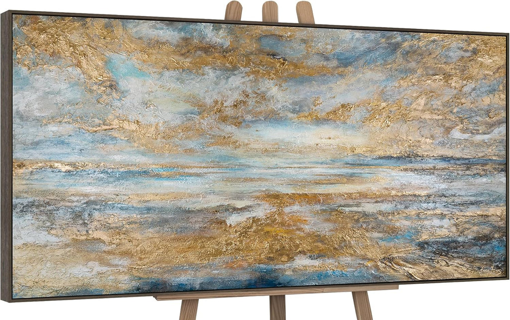 YS-Art Tableau fait à la main dans un cadre Baie d'or Paysage marin aube sur l'océan tons bleus et or Peinture abstraite Décoration 120x60 cm