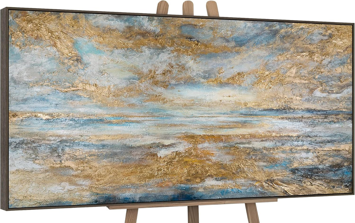 YS-Art Tableau fait à la main dans un cadre Baie d'or Paysage marin aube sur l'océan tons bleus et or Peinture abstraite Décoration 120x60 cm