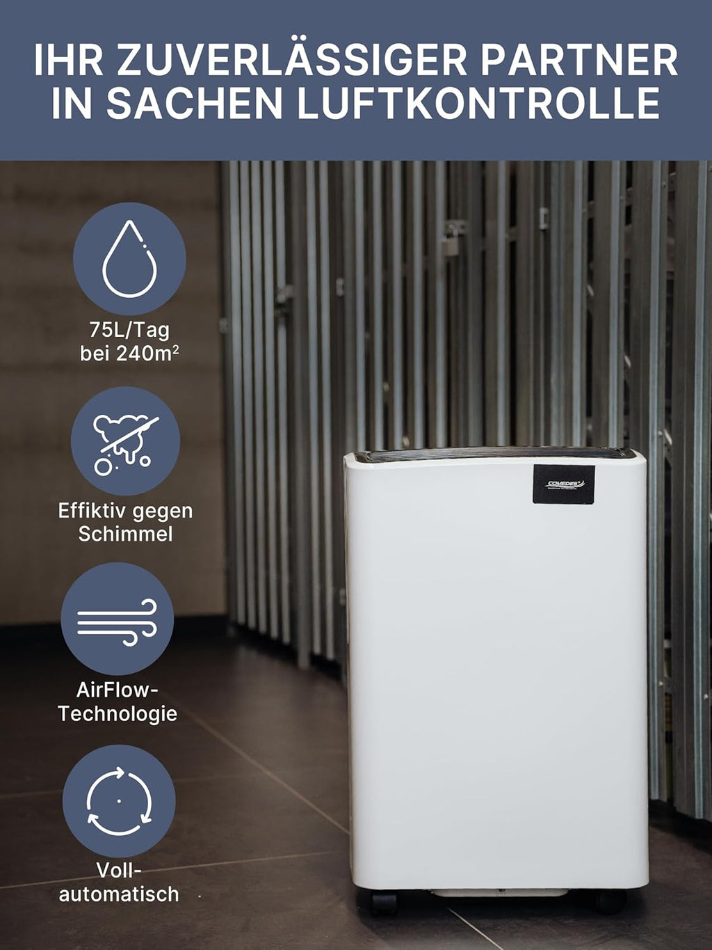 Comedes Demecto 70 Déshumidificateur, 75 l/24 h au maximum, convient aux pièces et aux caves jusqu'à 240 m² / 550 m³