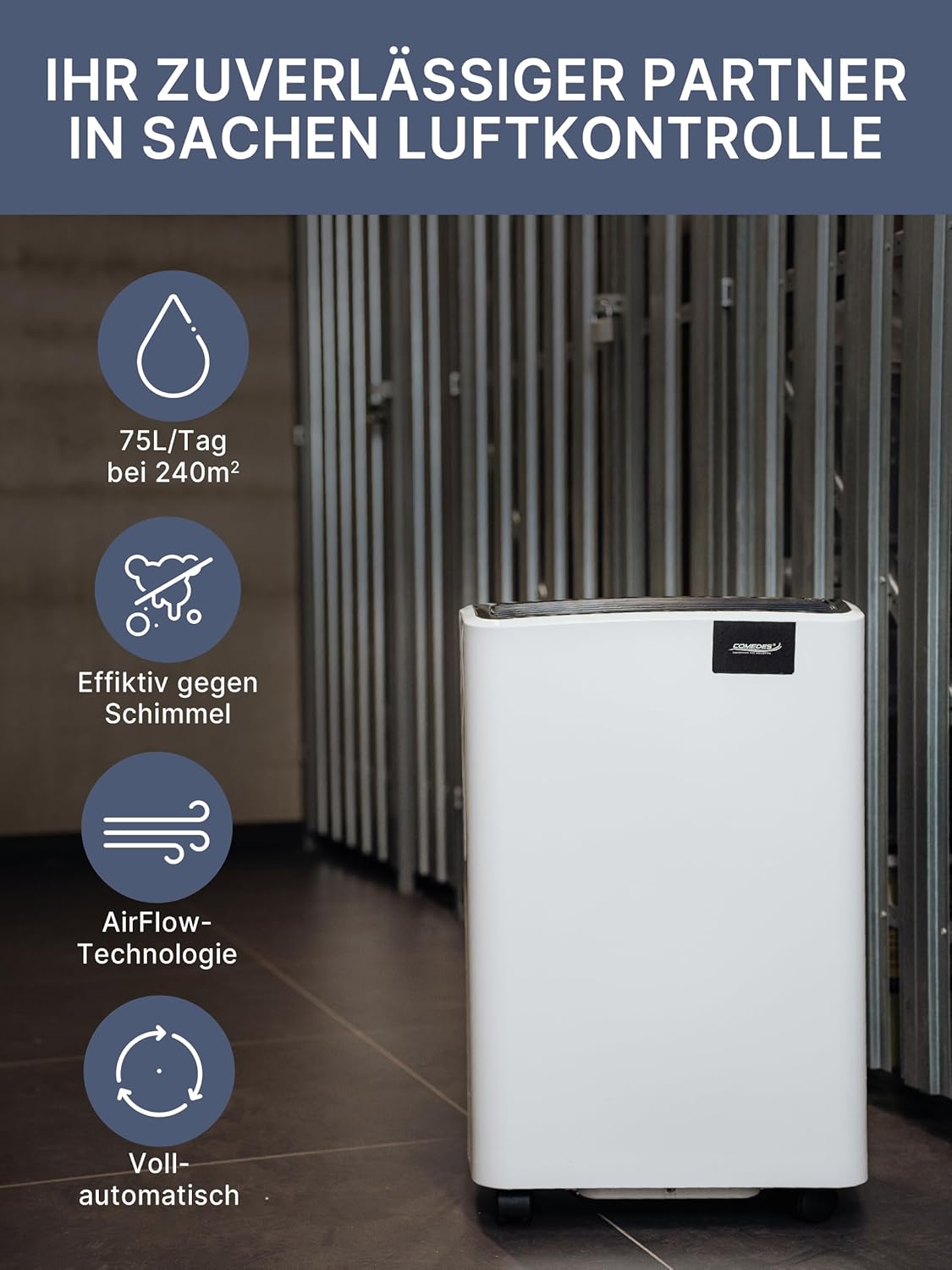 Comedes Demecto 70 Déshumidificateur, 75 l/24 h au maximum, convient aux pièces et aux caves jusqu'à 240 m² / 550 m³