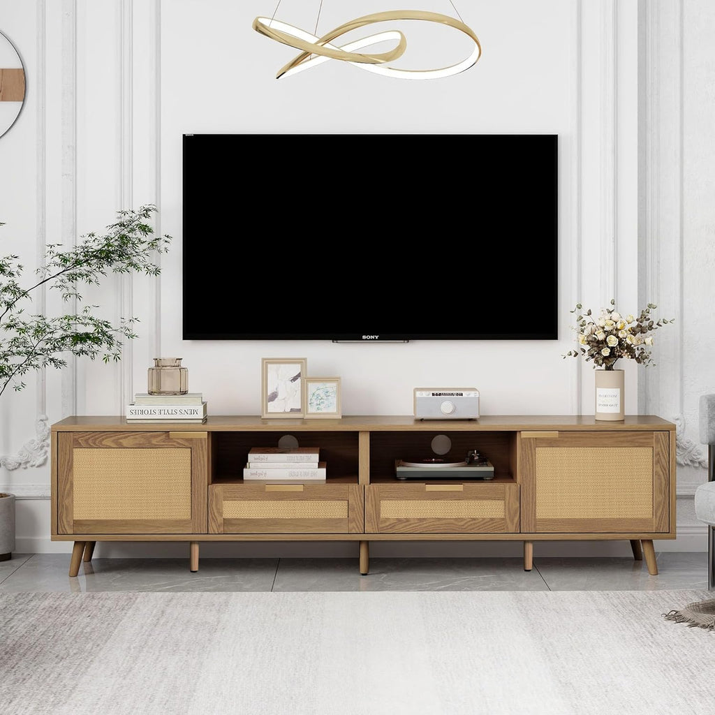 Jaxenor Meuble TV en rotin 200 cm, meuble de télévision, commode TV pour le salon, meuble de rangement pour écran 85 pouces, meuble TV avec beaucoup d'espace de rangement, 2 tiroirs, 2 portes, chêne
