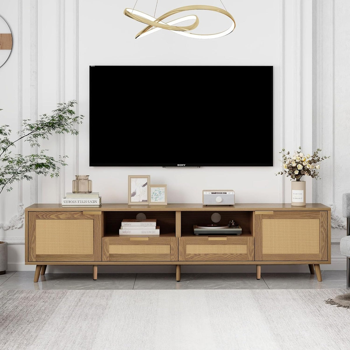 Jaxenor Meuble TV en rotin 200 cm, meuble de télévision, commode TV pour le salon, meuble de rangement pour écran 85 pouces, meuble TV avec beaucoup d'espace de rangement, 2 tiroirs, 2 portes, chêne